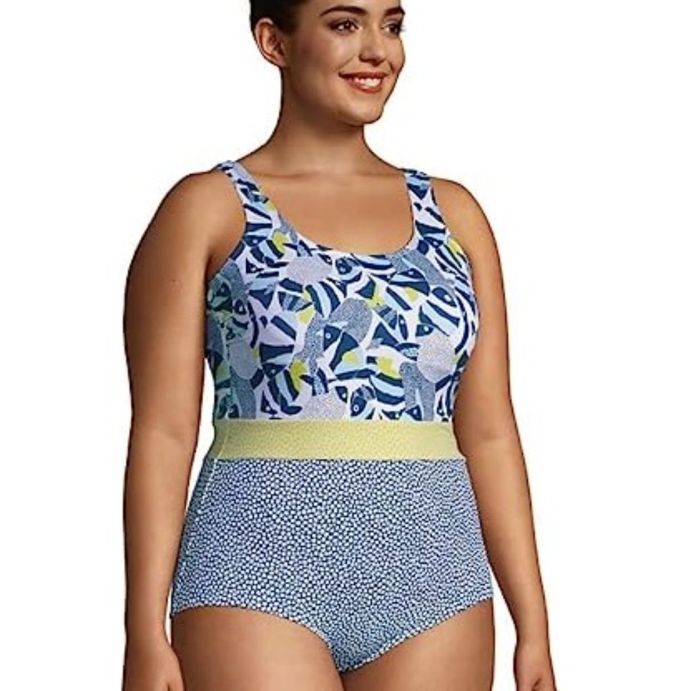 NWT Lands' End Womens Scoop Neck Soft Cup Tugless Belted 1 Piece Sz 16 $80 Z467 - Picture 2 of 4